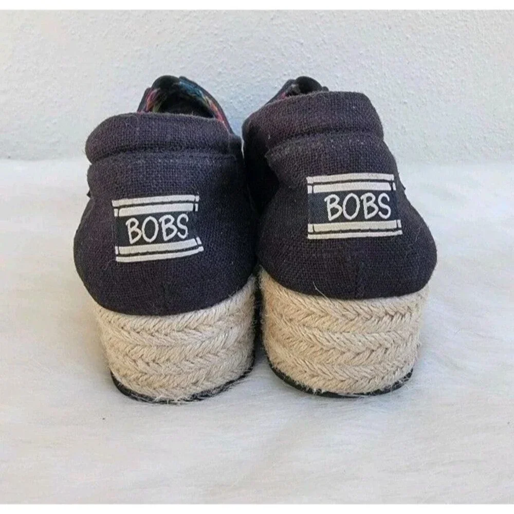 Bobs by Skechers Shoes  Womens 9.5 High Jinx Wedge Espadrille 34101 Black Canvas